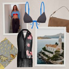 a collage of stylist and tastemaker outfits with vacation destination imagery and products featuring what to pack there