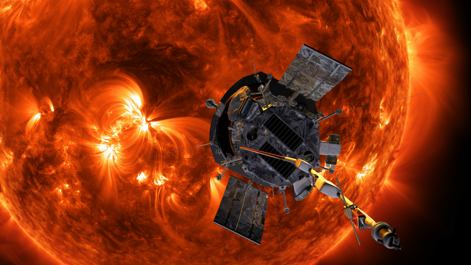 Graphic illustration shows the Parker Solar Probe in front of the blazing sun.