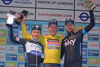 The 2014 Tour of Britain podium: Michal Kwiatkowski, Dylan van Baarle and Bradley Wiggins