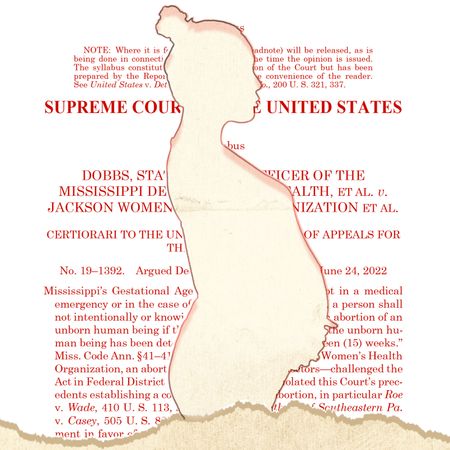 illustration of pregnant woman in front of supreme court order
