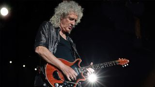 British musician Brian May of band Queen + Adam Lambert, performs at the Circuit of the Americas in Austin, Texas, on October 21, 2023, on the eve of the United States Formula One Grand Prix.