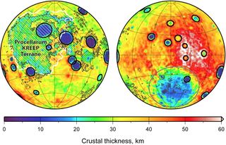 A new study suggests that the side of the moon that faces Earth (left) plays host to larger basins than the far side (right) because of the crust's composition.