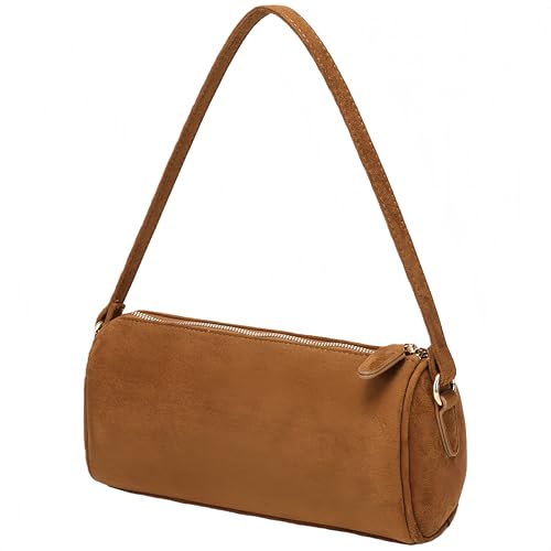 Jollque Crossbody Bag for Women, Luxury Small Barrel Clutch, Suede Handbag Purse, Autumn Winter Shoulder Hobo Bags With Zipper(khaki Suede)