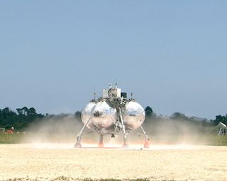 NASA's Morpheus lander lifts off on Aug. 9, 2012, during its first untethered flight at the Kennedy Space Center, Fla.