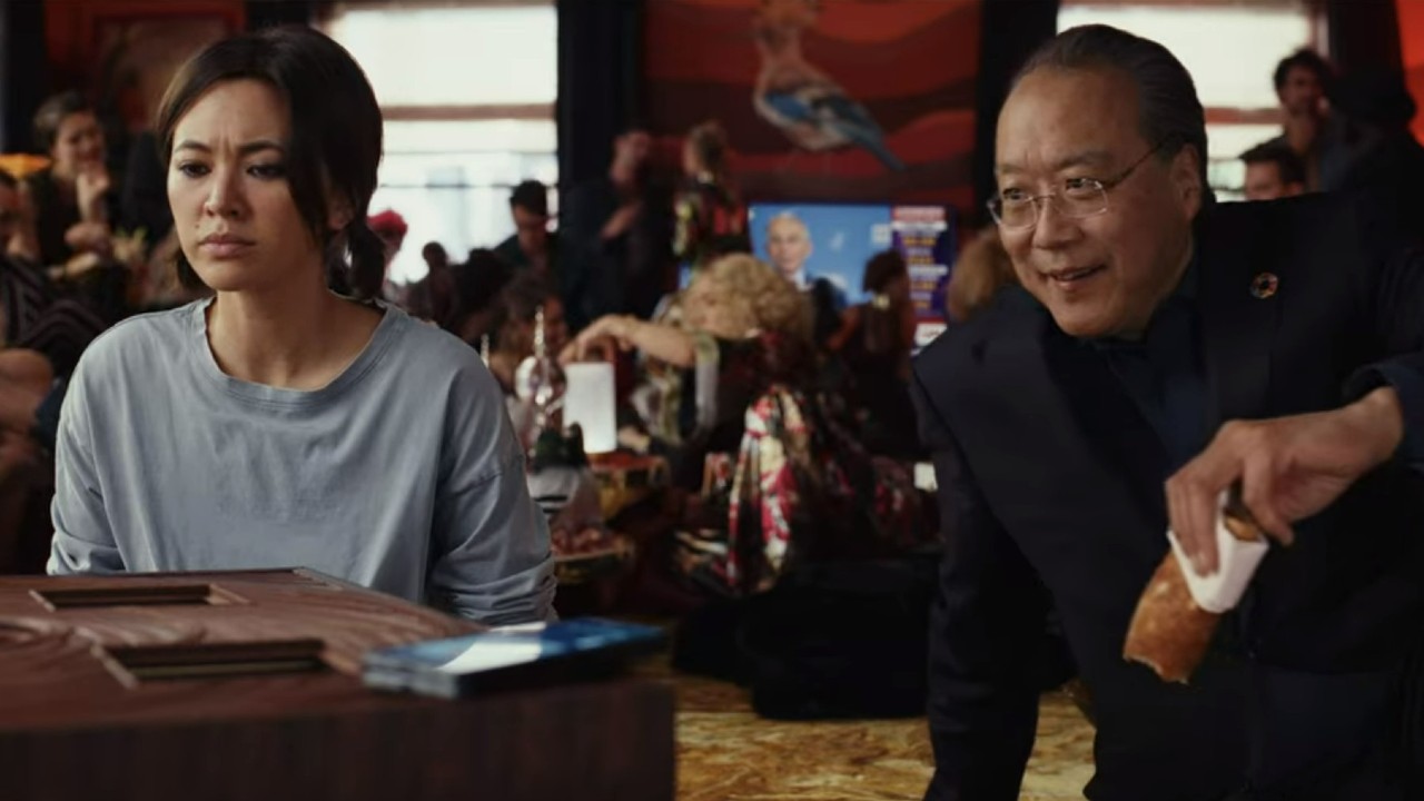 Jessica Henwick and Yo-Yo Ma in the Onion Glass: Knives Out of Mystery