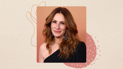 Julia Roberts smiling with wavy copper hair and wearing a one-shoulder black dress, on a beige background with pink and orange graphics