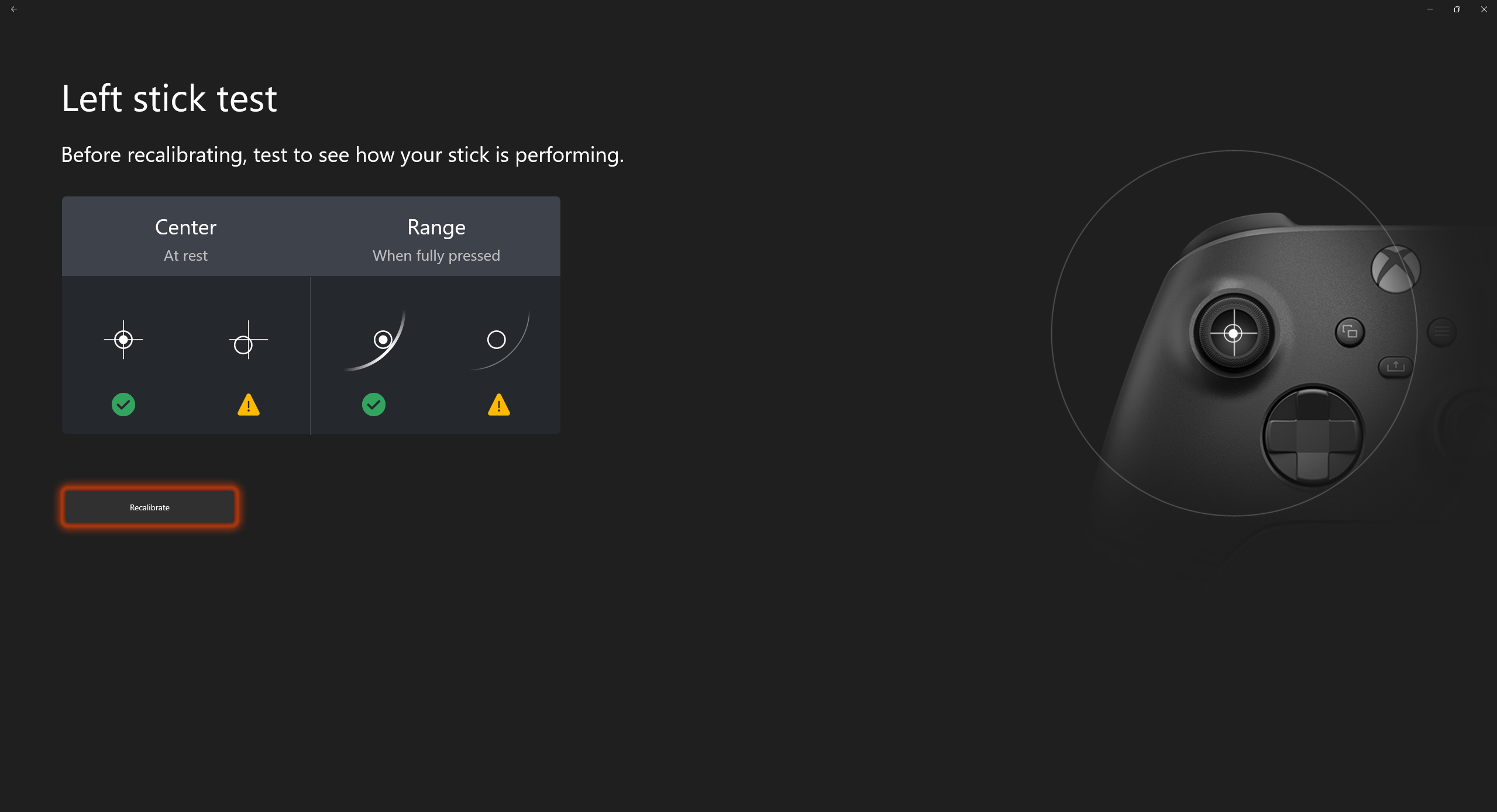 An Xbox Accessories app screen shows a 'Left stick test' for a game controller. On the left, warnings and checkmarks indicate stick performance. The right displays a controller's joystick. The tone is technical and instructive.
