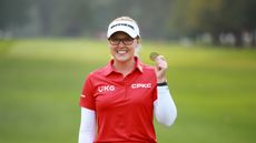 Brooke M. Henderson of Canada poses on the 18th green after the CPKC Women's Open at Shaughnessy Golf and Country Club on August 27, 2023