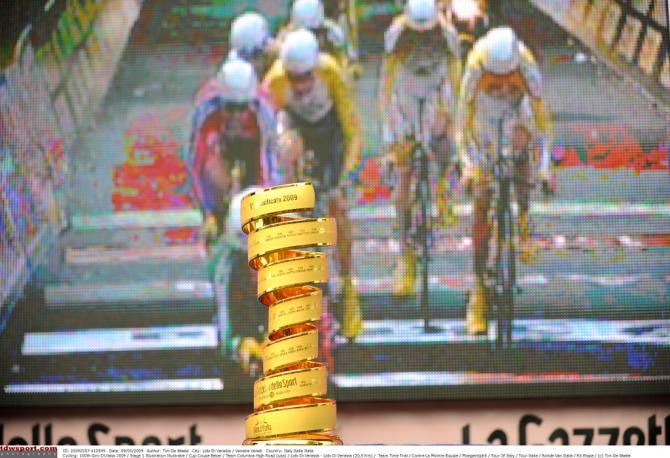 The 2009 Giro d'Italia trophy on display