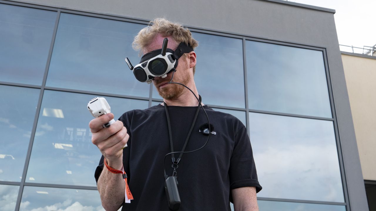 TechRadar's Tim Coleman wearing the Antigravity A1 drone's headset