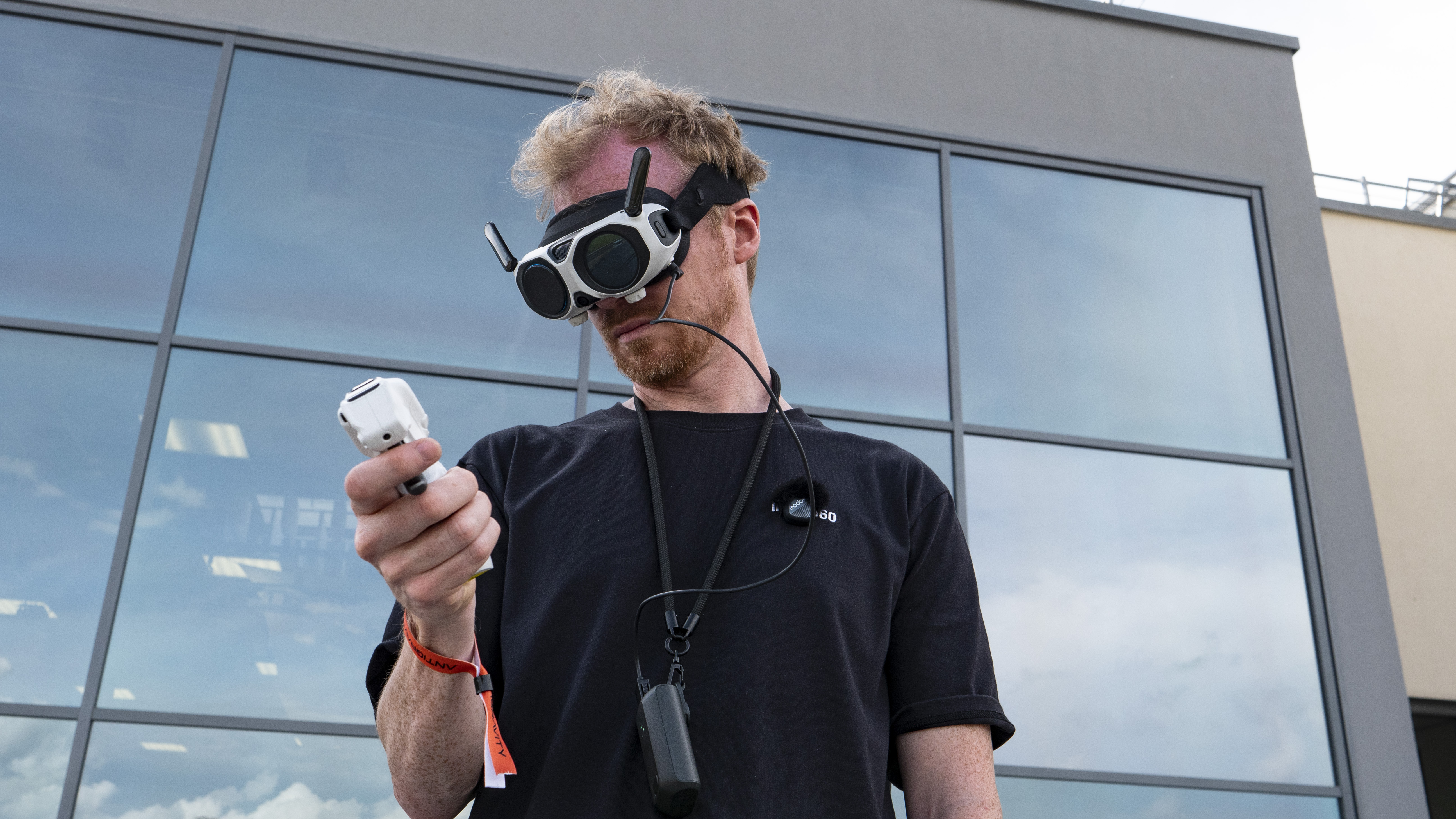 TechRadar's Tim Coleman wearing the Antigravity A1 drone's headset