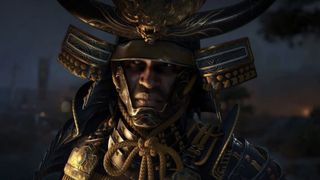 A close up of Yasuke's face, wearing his samurai helmet