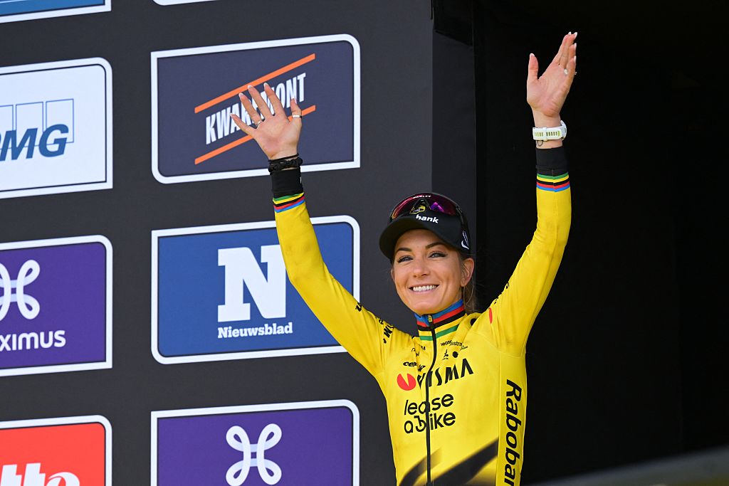 Team Visma-Lease a Bike's team rider Pauline Ferrand-Prevot celebrates her second place on the podium after the women's race of the 'Ronde van Vlaanderen/ Tour des Flandres/ Tour of Flanders' UCI WorldTour one day cycling race, 164,1 km with start and finish in Oudenaarde, on April 5, 2026. (Photo by DAVID PINTENS / Belga / AFP) / Belgium OUT