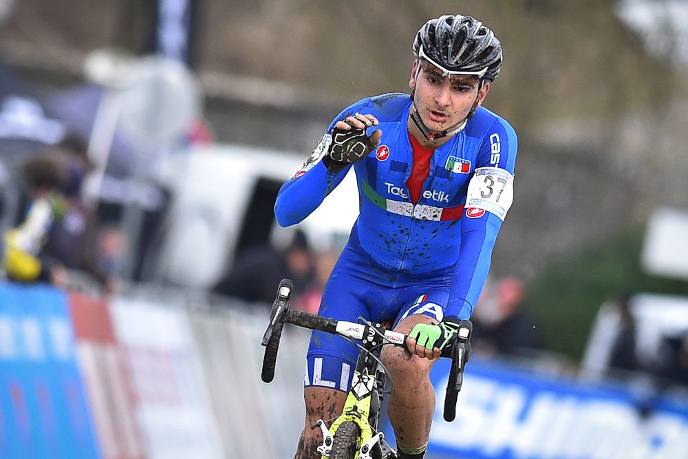 Italian cyclist Russo Clement crosses the finish line of the U23 race in Namur.