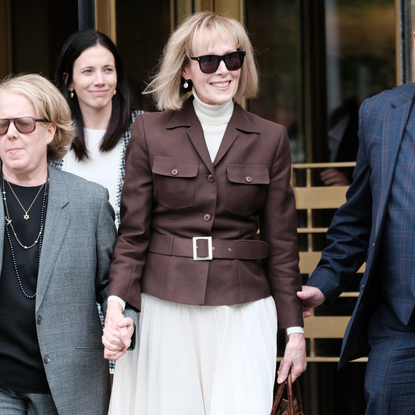 Writer E. Jean Carroll leaves a Manhattan court house after a jury found former President Donald Trump liable for sexually abusing her in a Manhattan department store in the 1990's on May 09, 2023 in New York City. The jury awarded her $5 million in damages for her battery and defamation claims. Carroll has testified that she was raped by former President Trump, giving details about the alleged attack in the mid-1990s. Trump had stated that the attack never happened and has denied meeting her. He did not taken the stand during the trial. 
