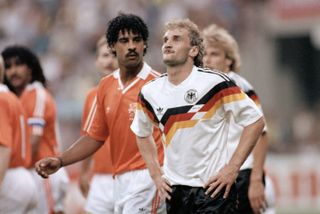 The Netherlands' Frank Rijkaard and West Germany's Rudi Voller pictured during their teams' clash at the 1990 World Cup.