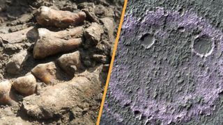 A composite image. On the left, a close-up of excavated teeth and a jawbone. On the right, a purple smiley face shape on Mars.