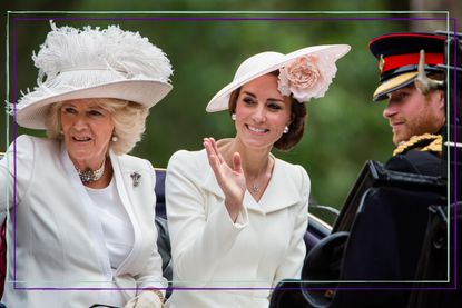 Camilla Queen Consort and Kate Middleton, Princess of Wales, wave to onlookers. Prince Harry sits to the far left