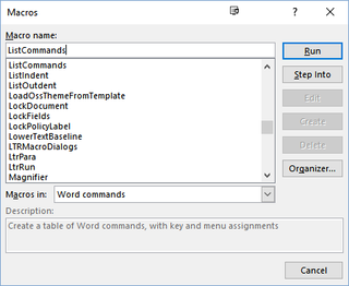 word macros listcommands