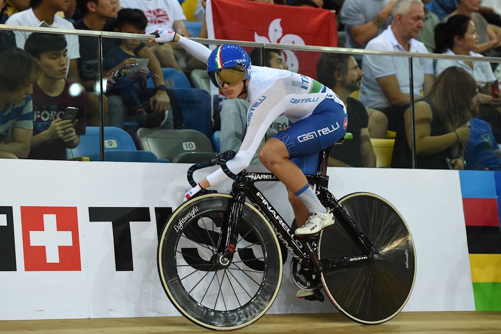 Italy's Maria Giulia Confalonieri prepares to compete in the women's madison final at the Hong Kong Velodrome during the Track Cycling World Championships