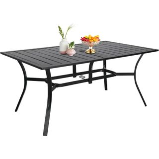 A steel slat dining table