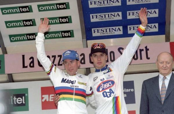 Oskar Camenzind and Michele Bartoli on the podium in 1998