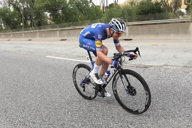 Deceuninck-QuickStep's Remi Cavagna shows the effort of his successful solo effort to win stage 3 of the 2019 Tour of California