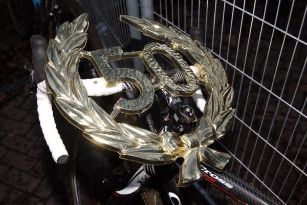 The special trophy given to Nys for his 50th win in the Superprestige.