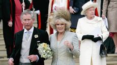 King Charles and Queen Camilla on their wedding day, with Queen Elizabeth in the background, at the Service of Prayer and Dedication on April 9, 2005