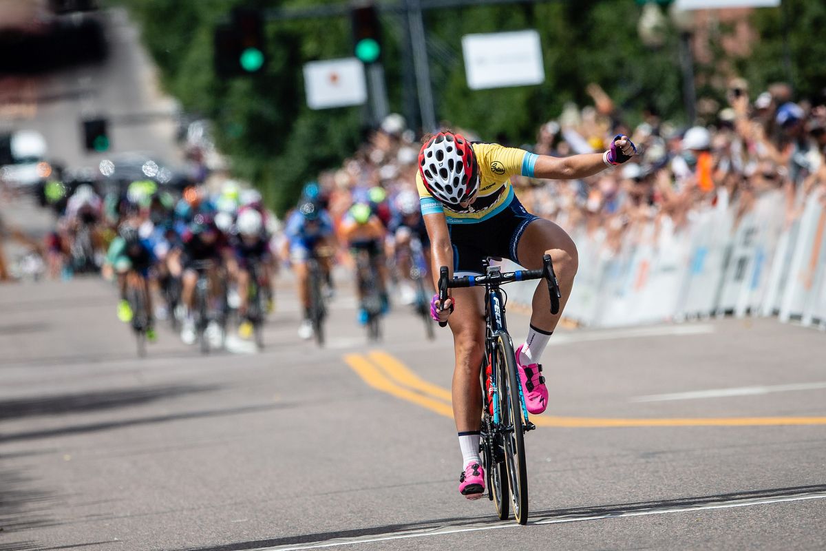 Chloe Dygert (Sho-Air Twenty20) crosses the line to win stage 3 of the Colorado Classic on August 24, 2019 in Golden, Colorado.