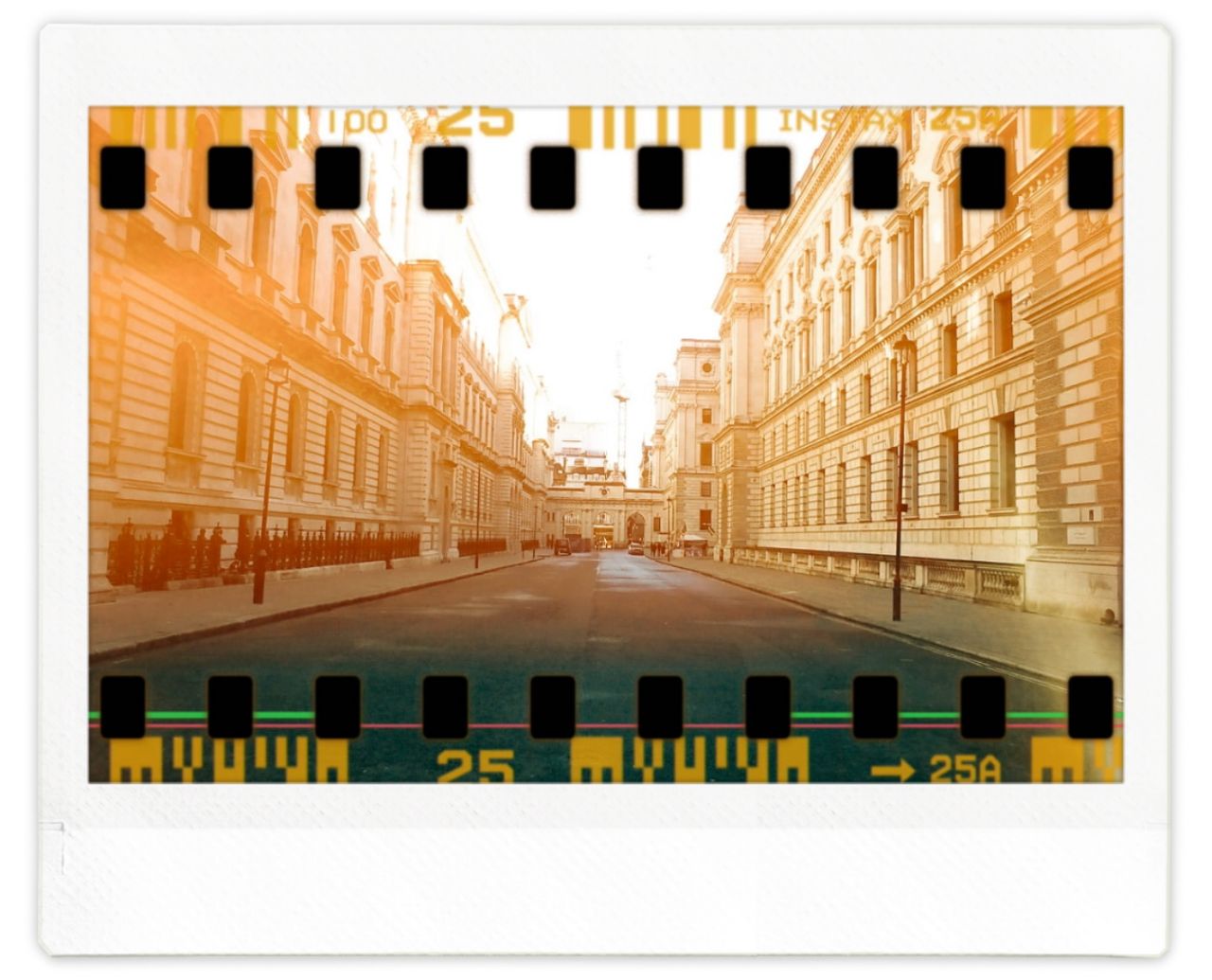 A street in London with a 35mm film border around the outside