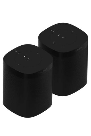 Two small black Sonos speakers
