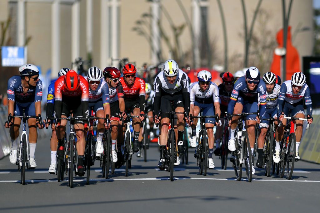 KOKSIJDE BELGIUM MARCH 19 Jonas Rickaert of Belgium and Team AlpecinFenix Bram Welten of Netherlands and Team Arka Samsic Mads Pedersen of Denmark and Team Trek Segafredo Max Walscheid of Germany and Team Qhubeka Assos Tim Merlier of Belgium and Team AlpecinFenix Alexander Kamp Egested of Denmark and Team Trek Segafredo during the 19th Bredene Koksijde Classic 2021 a 199km race from Bredene to Koksijde BredeneKoksijde on March 19 2021 in Koksijde Belgium Photo by Luc ClaessenGetty Images