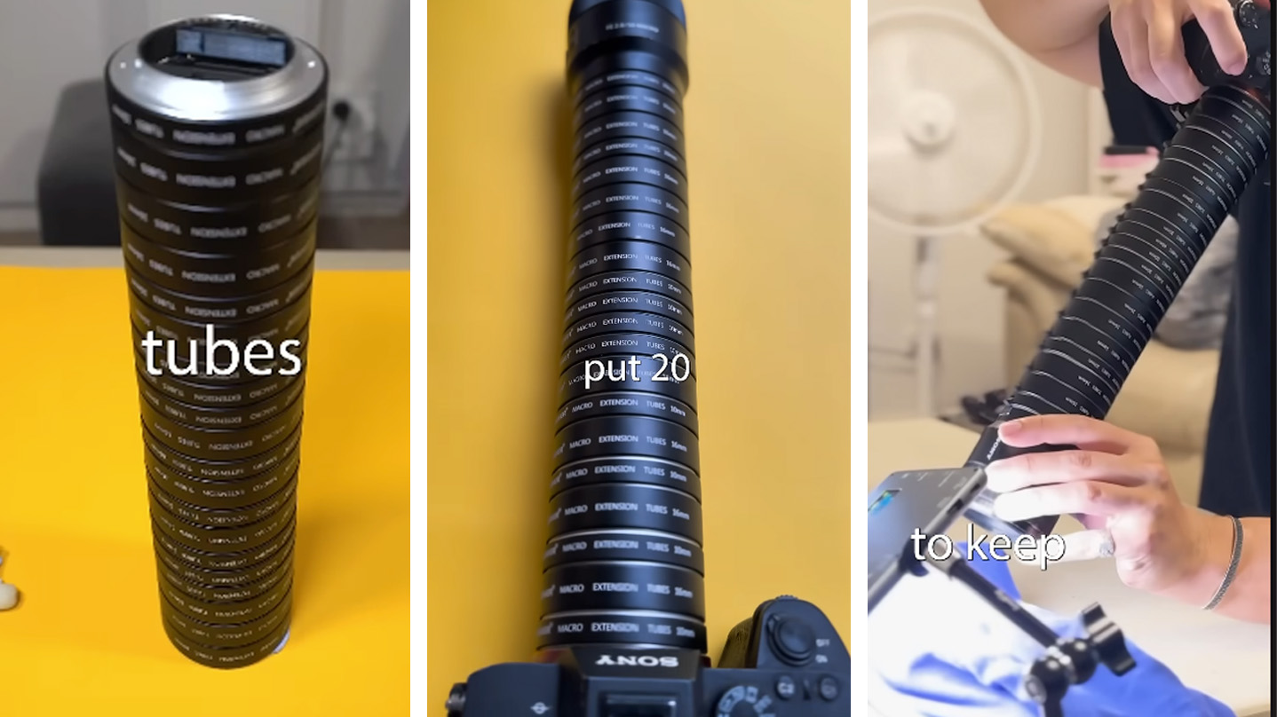 Three screenshots from Nicolas Grant video showing him using 20 extension tubes 