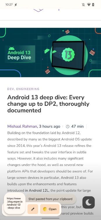 Nearby Share button in the clipboard overlay of Android 13