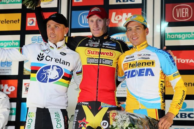Elite men's podium at Superprestige Ruddervoorde (L-R): Sven Nys, Klaas Vantornout and Tom Meeusen
