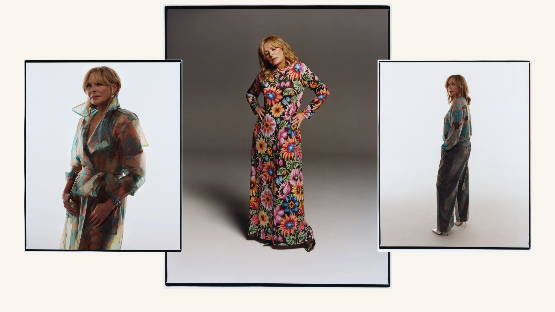 three shots of kim cattrell wearing debenhams x ashish