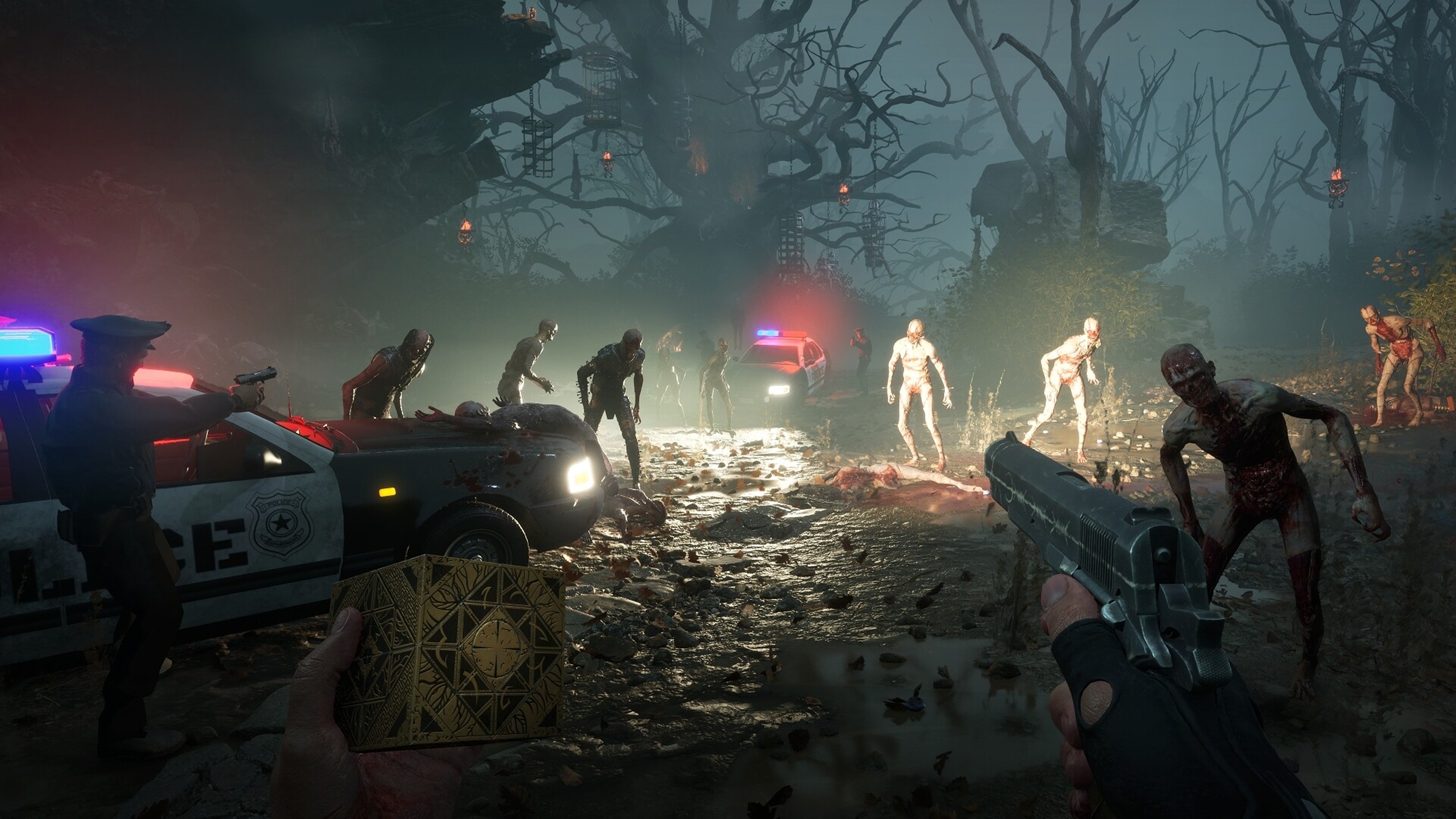 Promotional screenshot of the player facing monsters in Clive Barker's Hellraiser: Revival.