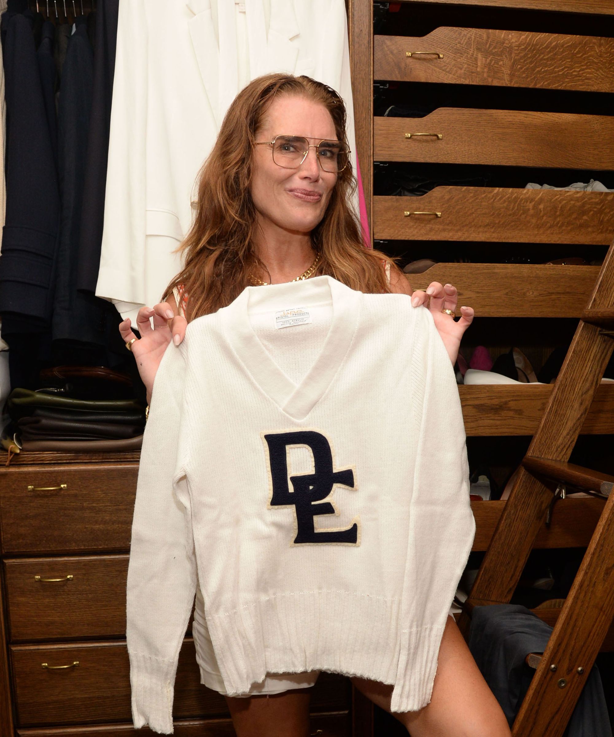 brooke shields in her dark wood closet