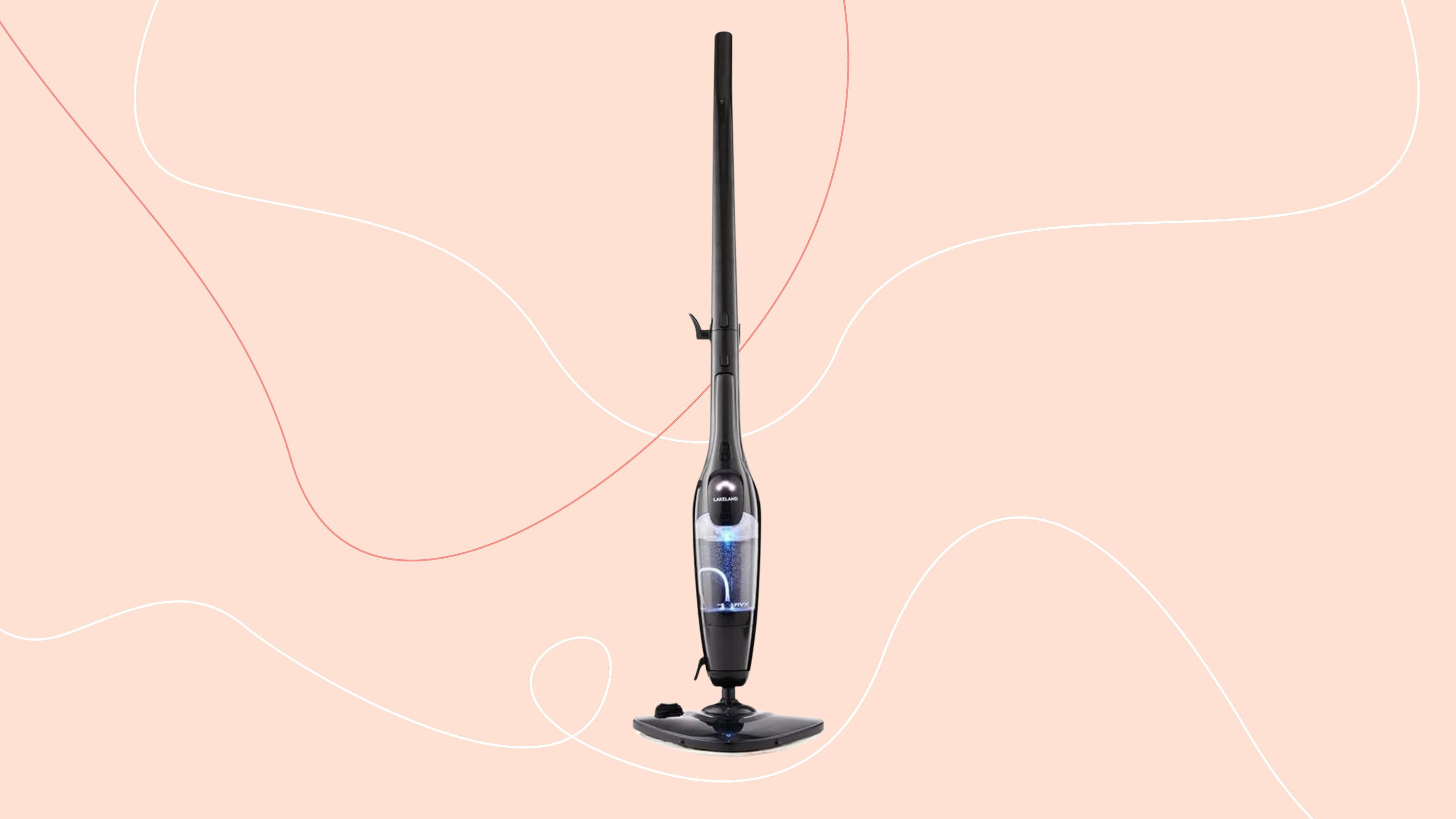 Lakeland 2-in-1 steam mop on a pink background