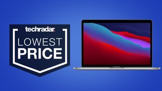 MacBook Air M1 on a blue TechRadar deals background