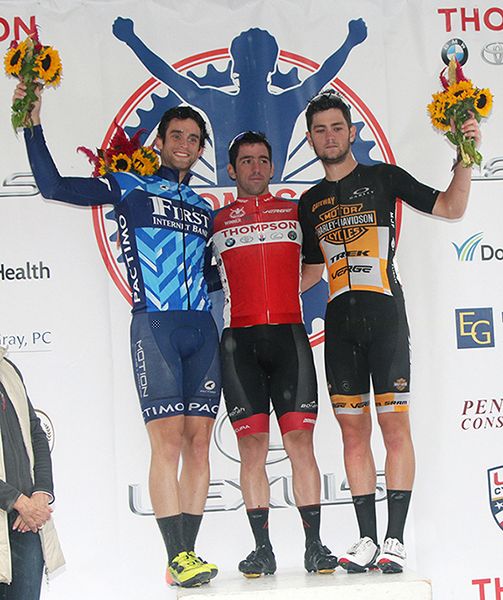 Men's podium: 2nd place, Jarret Oldham (First Internet Bank) 1st place, Ty Magner (Rally Pro Cycling) 3rd place, Joel Yates (Gateway Harley-Davidson Trek)