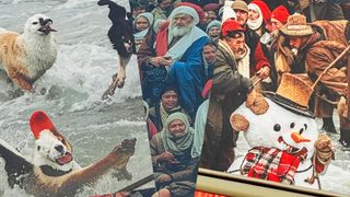 Details from an AI-generated Christmas mural that caused controversy in London due to nightmarish distorted images of snowmen, a dog with seagull face and other anomalies 