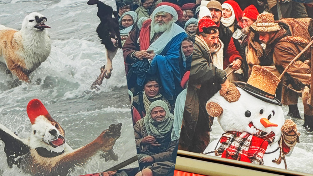 Details from an AI-generated Christmas mural that caused controversy in London due to nightmarish distorted images of snowmen, a dog with seagull face and other anomalies 