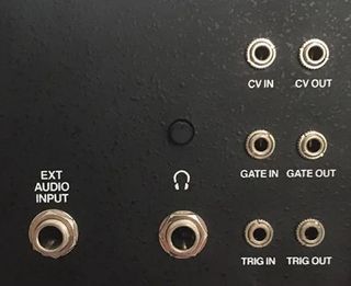 Fig. 5. The back panel lets you force the Odyssey to function monophonically (instead of standard duophonic operation) by connecting the CV out back into the CV in. It also features an external input for processing audio through the filter and VCA, as well as a trigger input that’s compatible with Korg’s volca series.