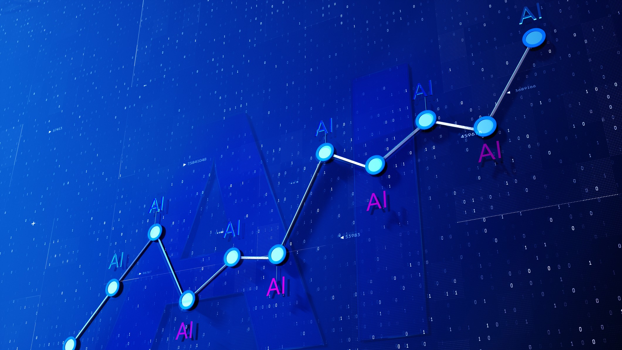 digital image of a blue background with a line stair-stepping higher and circles and the letters "AI" spread across the line to signal AI growth 