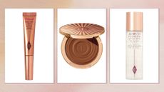 Collage of Charlotte Tilbury products (L-R) Beauty Light Wand, Beautiful Skin Bronzer and Airbrush Flawless Setting Spray, on a pink background