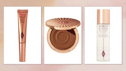 Collage of Charlotte Tilbury products (L-R) Beauty Light Wand, Beautiful Skin Bronzer and Airbrush Flawless Setting Spray, on a pink background