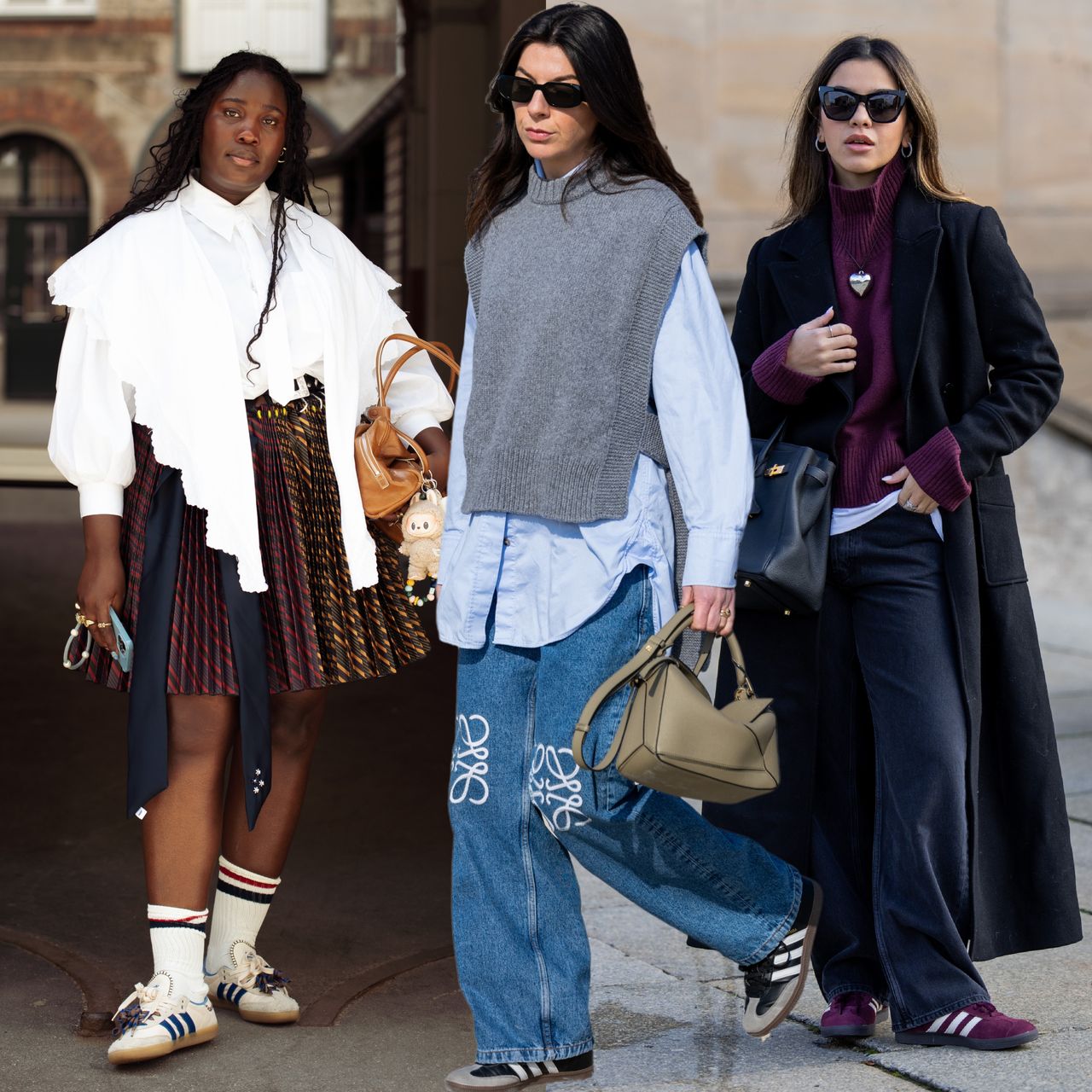 collage of women wearing adidas sambas outfits 