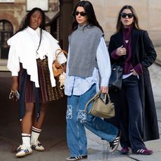 collage of women wearing adidas sambas outfits
